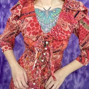 Free people Pink & orange tapestry print 70s style dress with oversized collar